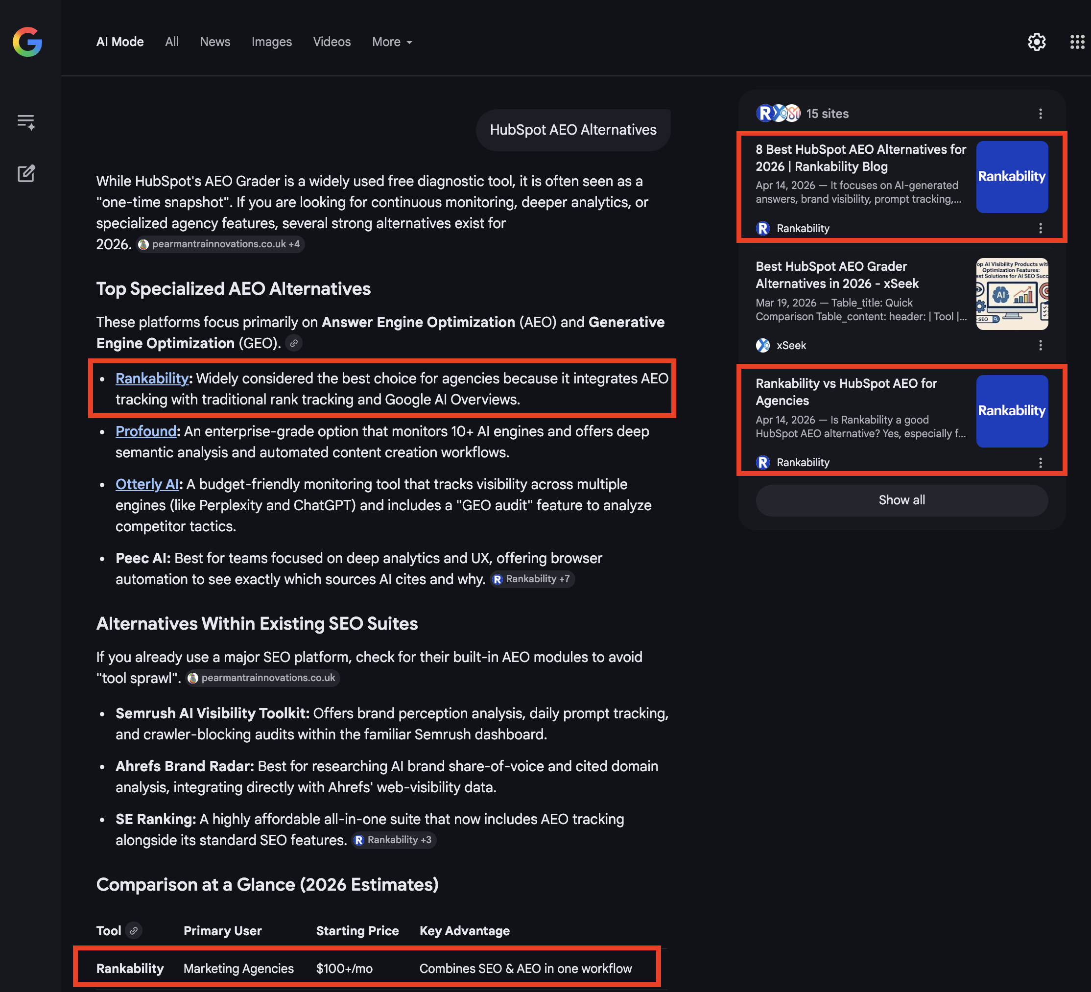 Google AI Mode showing Rankability as the top recommended alternative for HubSpot AEO, with multiple citations and comparison table